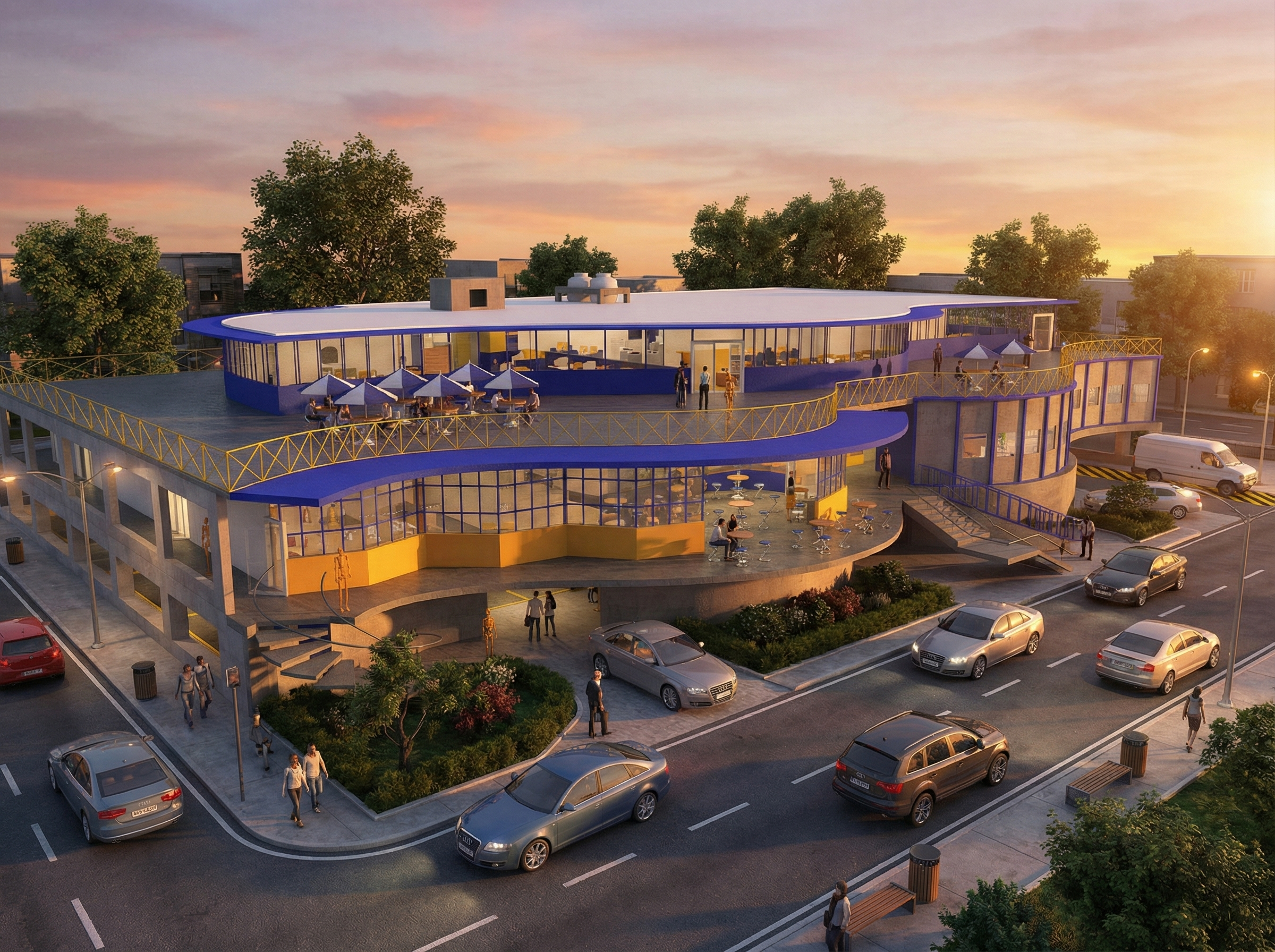 Render IA del museo-escuela: vista exterior con arquitectura moderna