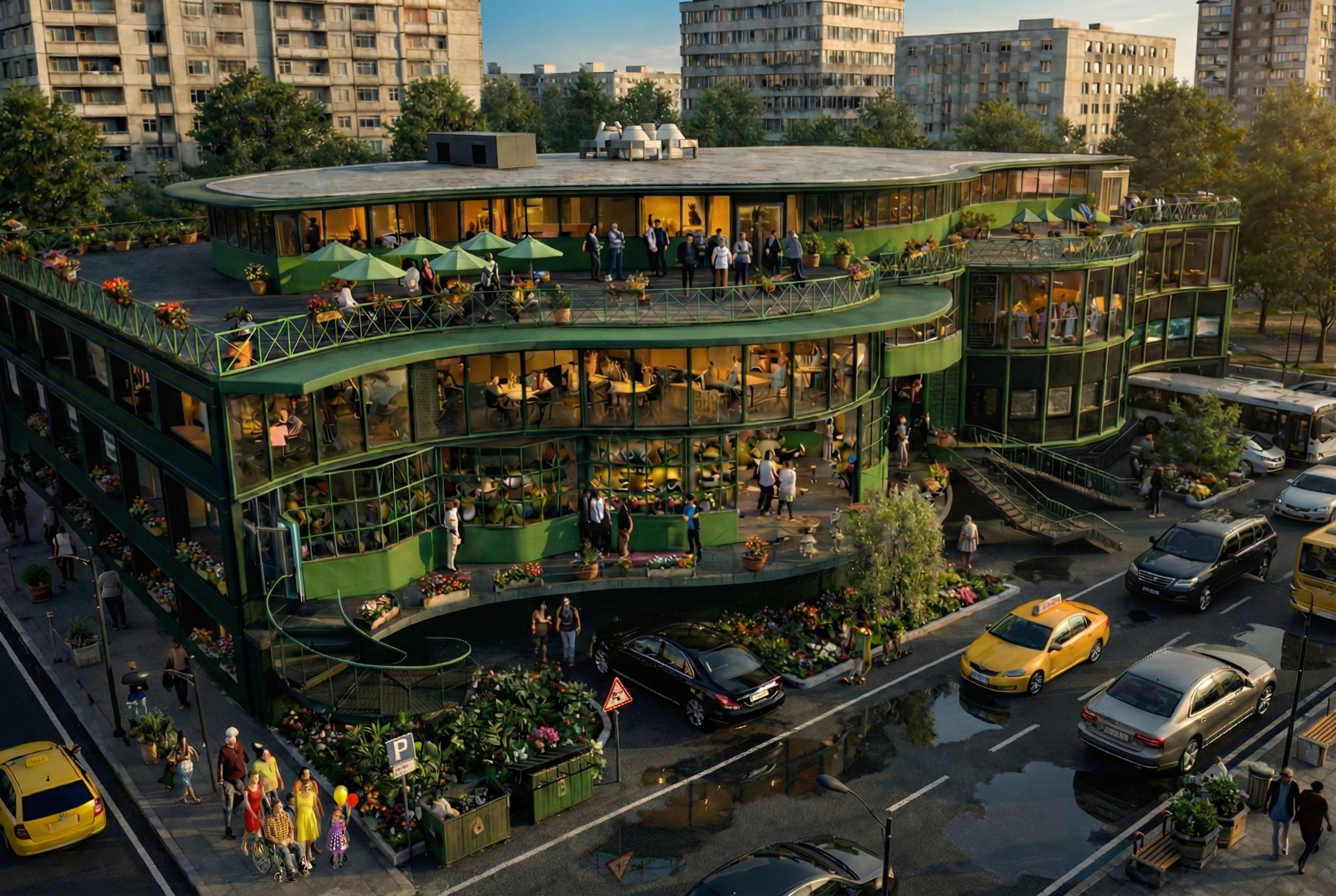 Render IA del museo-escuela: zona de exposiciones interactivas